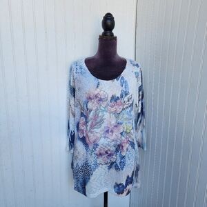 Via Vitale Women White Floral Tunic Knit Sweater Rayon Spandex Top ITALY Sz L